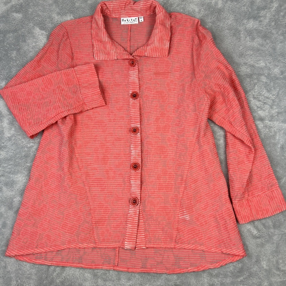 Habitat Blouse Coral Orange Lagenlook Button-Up Top High Low Size M Long Sleeve